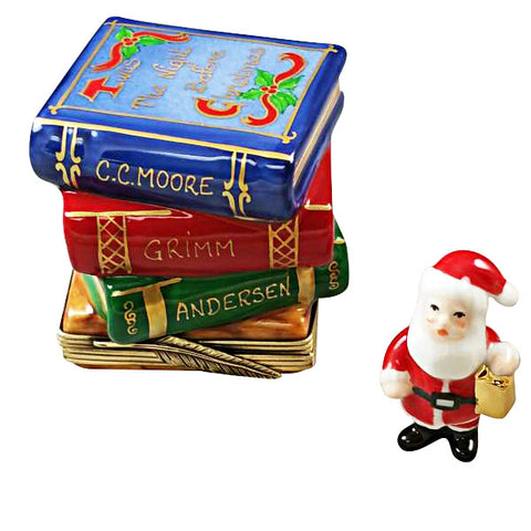 Twas the Night Before Christmas Stack of Books with Removable Santa Limoges Porcelain Box