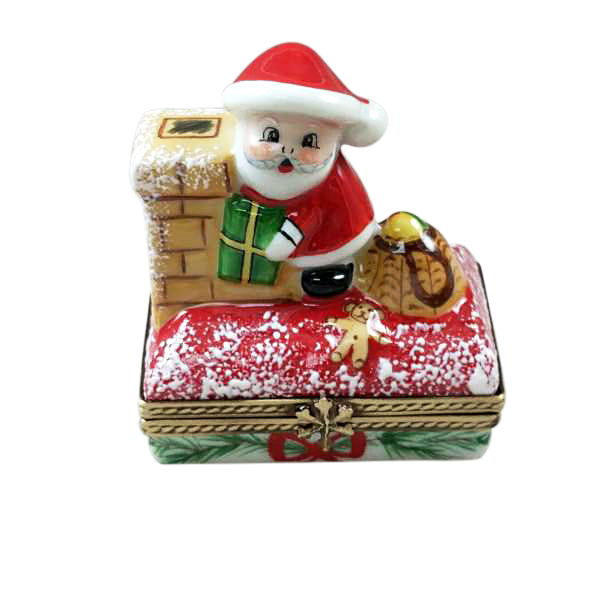 Santa on Roof with Gift Bag Limoges Porcelain Box