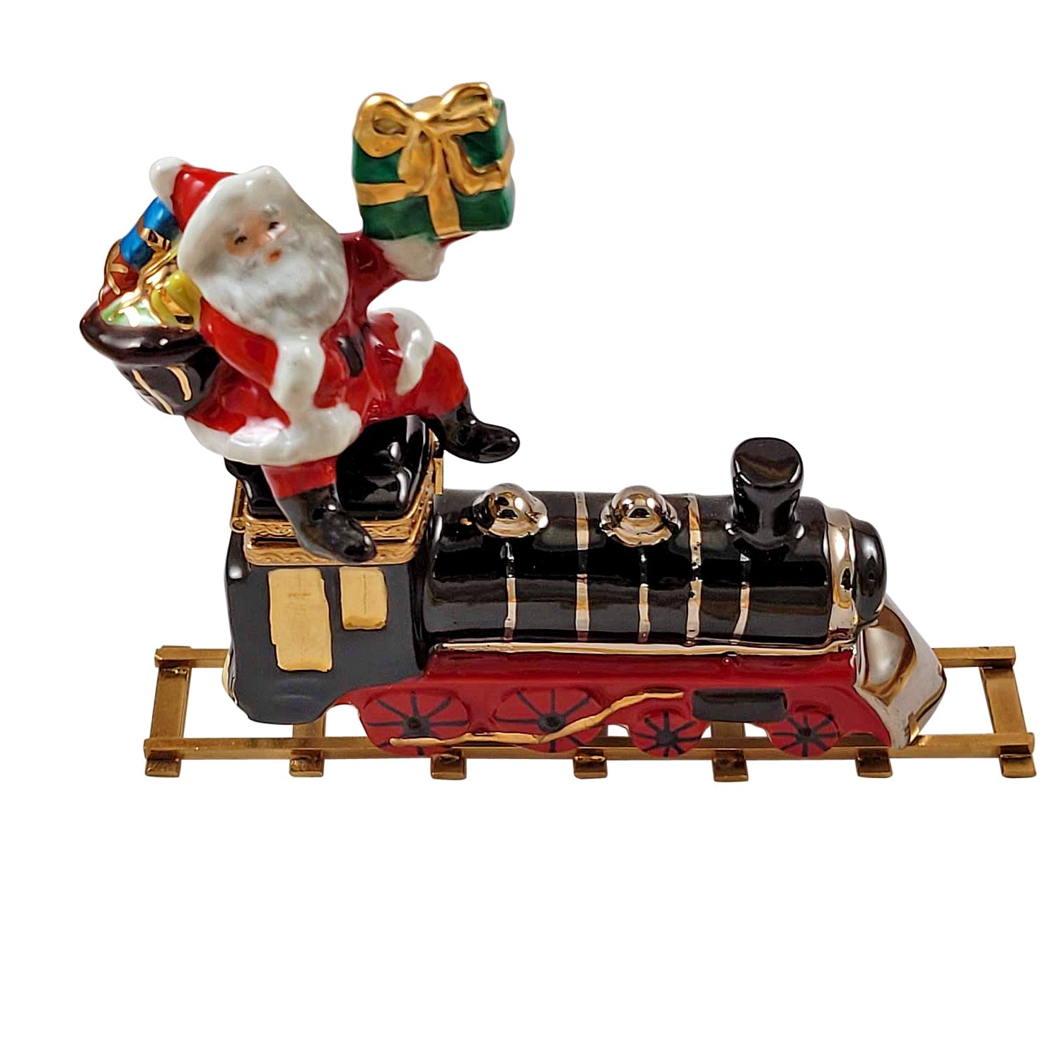 Santa on Train with Brass Track Limoges Porcelain Box