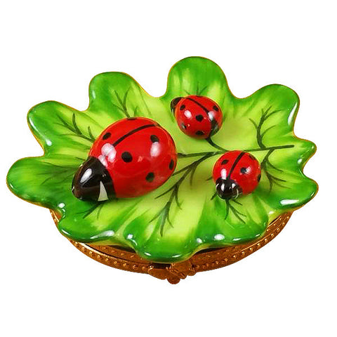 Green Leaf with Three Ladybugs Limoges Porcelain Box