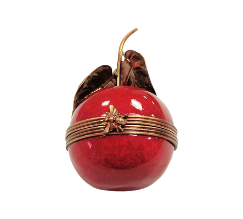 Red Cherry Brass Stem Porcelain Limoges Trinket Box