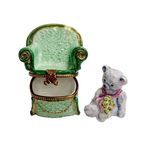 Removable Gray Teddy Bear in Green Chair Porcelain Limoges Trinket Box