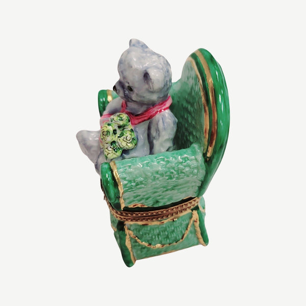 Removable Gray Teddy Bear in Green Chair Porcelain Limoges Trinket Box