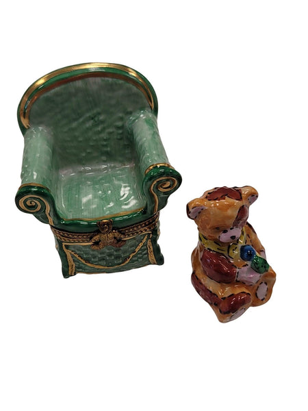 Removable Teddy Bear in Green Chair Porcelain Limoges Trinket Box
