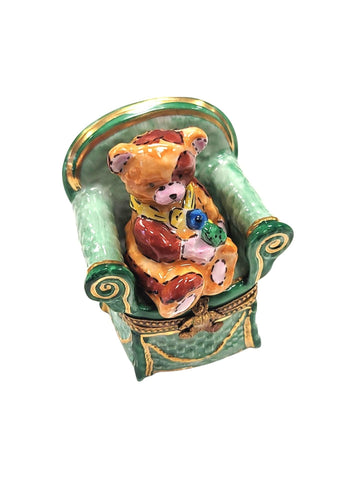 Removable Teddy Bear in Green Chair Porcelain Limoges Trinket Box