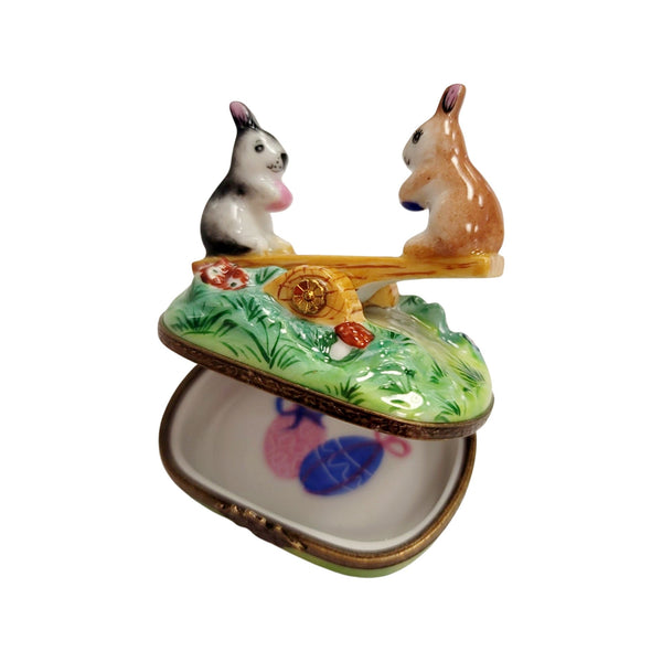 See Saw Rabbits Porcelain Limoges Trinket Box