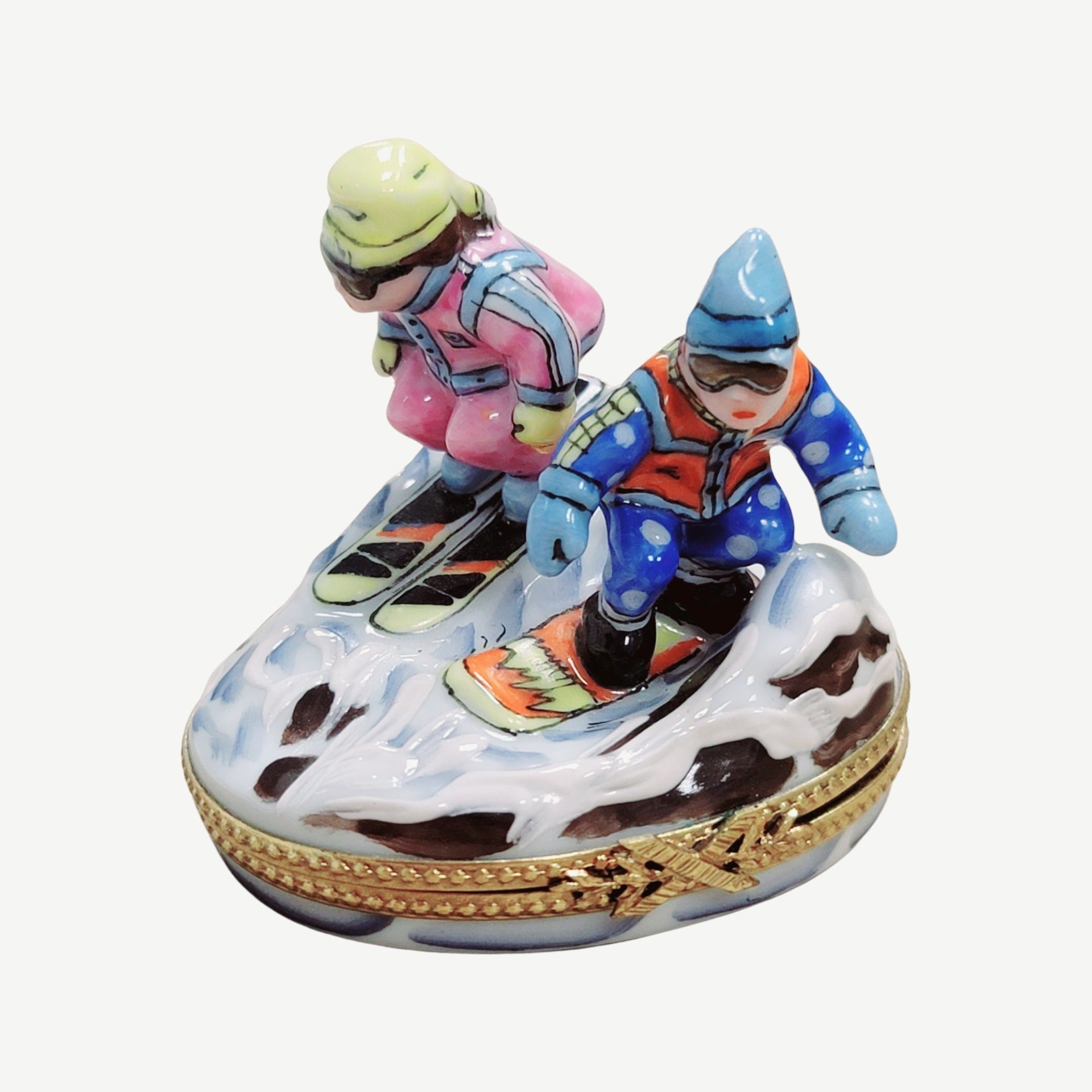 Skiers Skiing Porcelain Limoges Trinket Box