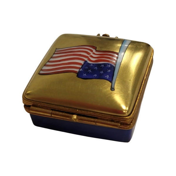 Square Patriotic American Flag United States Porcelain Limoges Trinket Box