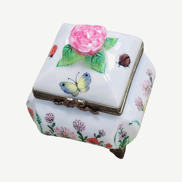 Square Roses Butterfly Perfume Bottle Porcelain Limoges Trinket Box