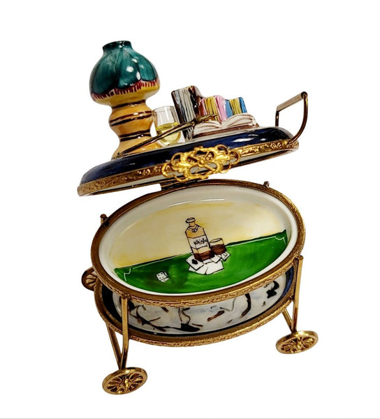 Tea Cart w Books Lamp Rare Porcelain Limoges Trinket Box