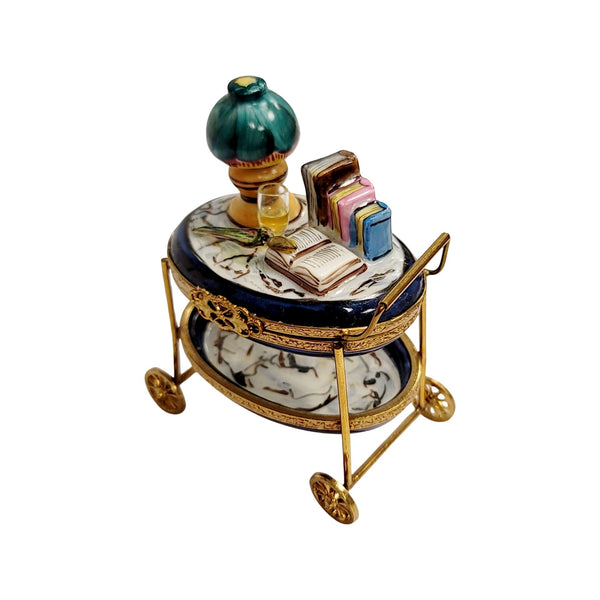 Tea Cart w Books Lamp Rare Porcelain Limoges Trinket Box