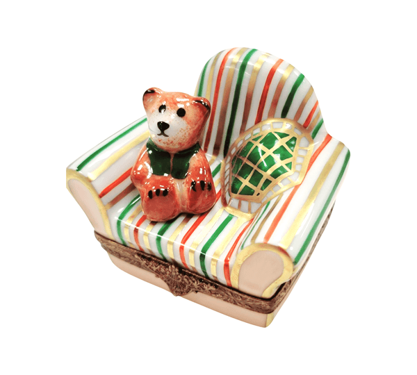 Teddy Bear in Arm Chair Yellow Green Porcelain Limoges Trinket Box