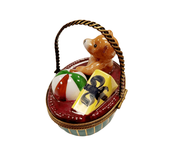 Teddy Bear in Basket Porcelain Limoges Trinket Box