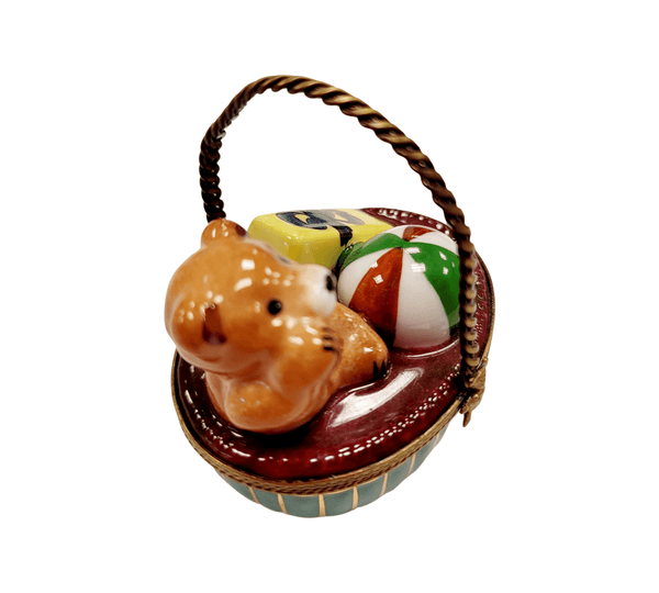 Teddy Bear in Basket Porcelain Limoges Trinket Box