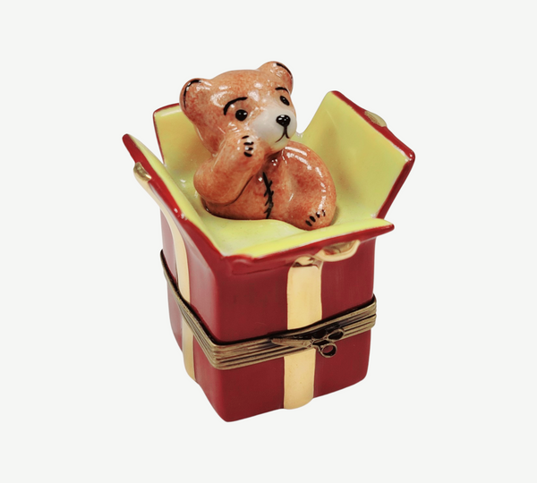Teddy Bear in Present Porcelain Limoges Trinket Box