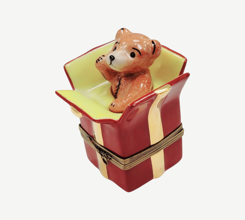 Teddy Bear in Present Porcelain Limoges Trinket Box