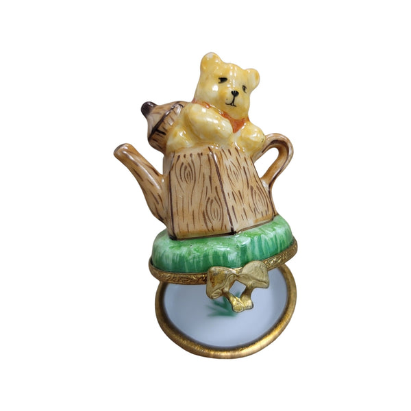 Teddy Bear in Teapot Porcelain Limoges Trinket Box