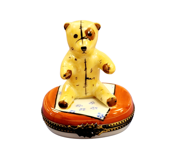 Teddy Bear on Blanket Porcelain Limoges Trinket Box