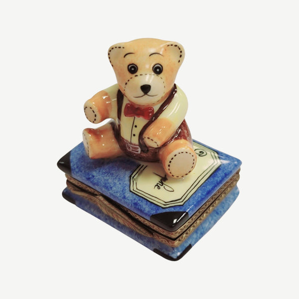 Teddy Bear on Blue Book Porcelain Limoges Trinket Box
