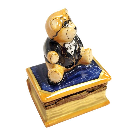 Teddy Bear on Math Book Porcelain Limoges Trinket Box