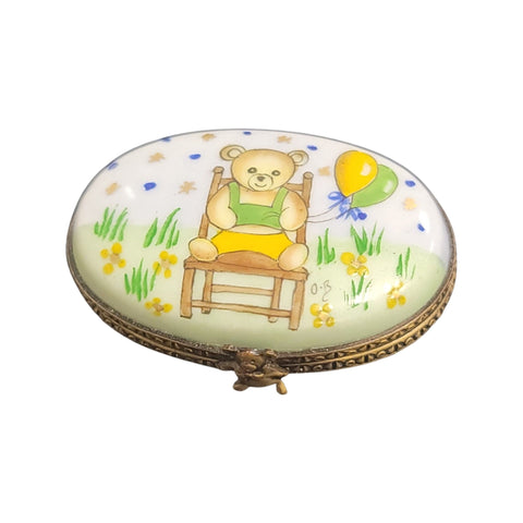 Teddy Bear on Oval Pill Porcelain Limoges Trinket Box