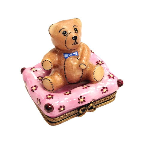 Teddy Bear on Pillow Porcelain Limoges Trinket Box