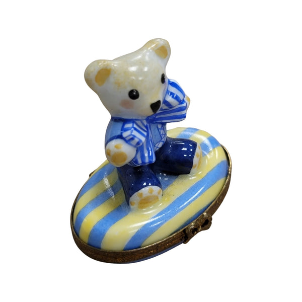 Teddy Bear w Blue Bow Porcelain Limoges Trinket Box