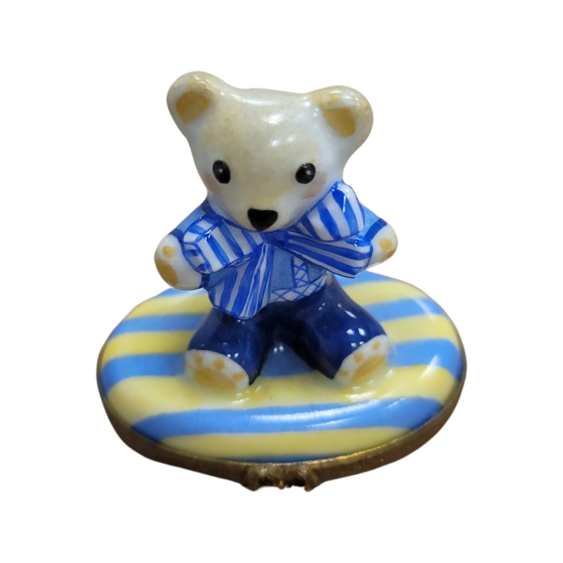Teddy Bear w Blue Bow Porcelain Limoges Trinket Box