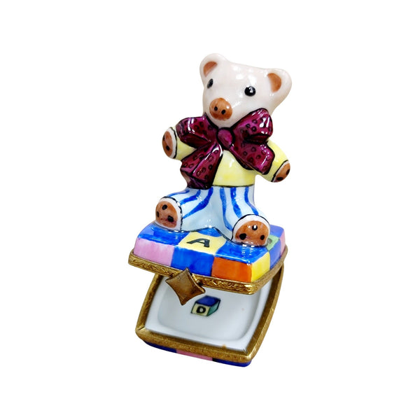 Teddy Bear w Burgandy Bow Porcelain Limoges Trinket Box