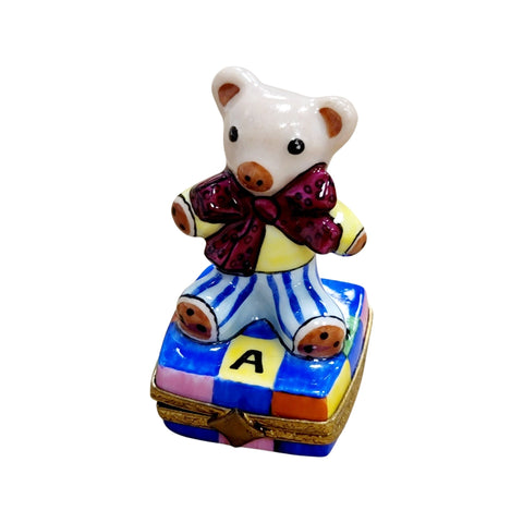 Teddy Bear w Burgandy Bow Porcelain Limoges Trinket Box