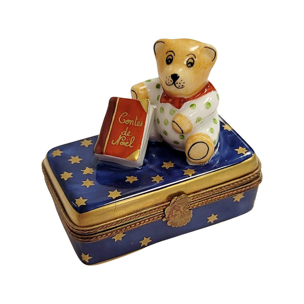 Teddy Bear w Christmas Book Porcelain Limoges Trinket Box