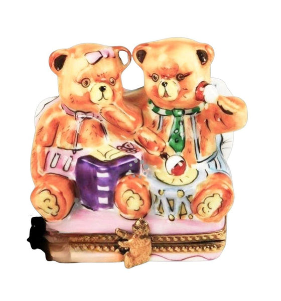 Teddy Bears Playing Rare Porcelain Limoges Trinket Box