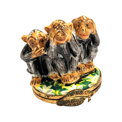 Three Monkeys Hear See Speak Porcelain Limoges Trinket Box