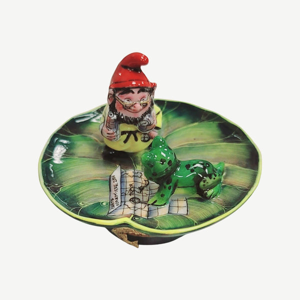 Troll Elf leprechaun w two frogs on Lillypad Porcelain Limoges Trinket Box