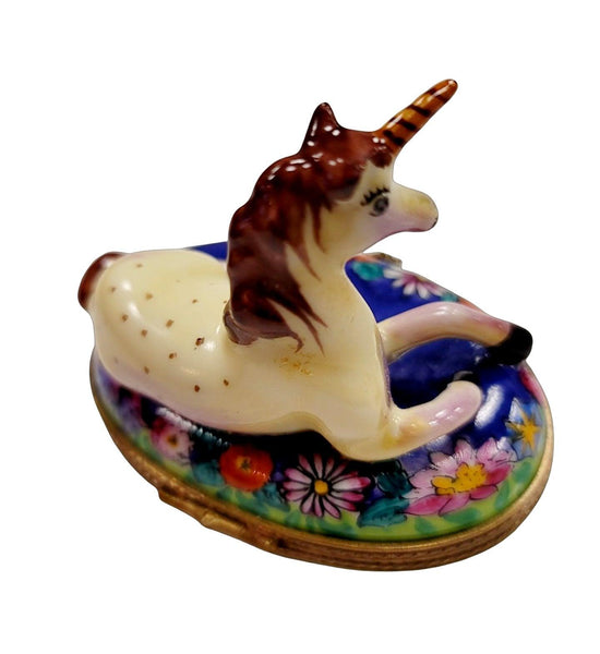 Unicorn on Flowers Extremely well Detailed Porcelain Limoges Trinket Box