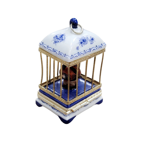 White Blue Bird Cage Love Birds Porcelain Limoges Trinket Box