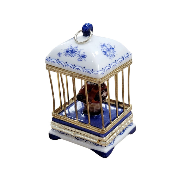 White Blue Bird Cage Love Birds Porcelain Limoges Trinket Box