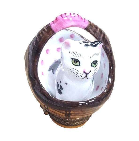 White Cat in Basket Porcelain Limoges Trinket Box
