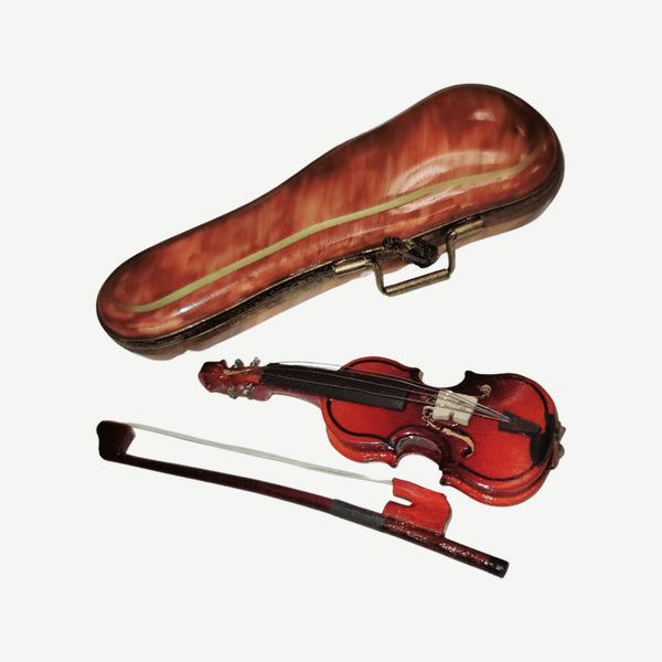 Wood Violin in Brown Case Porcelain Limoges Trinket Box