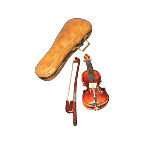 Wood Violin in Brown Case Porcelain Limoges Trinket Box