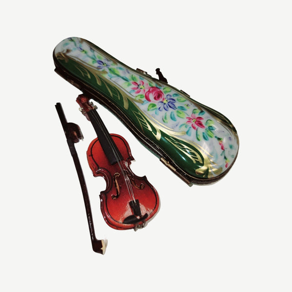 Wood Violin in Green Case Porcelain Limoges Trinket Box
