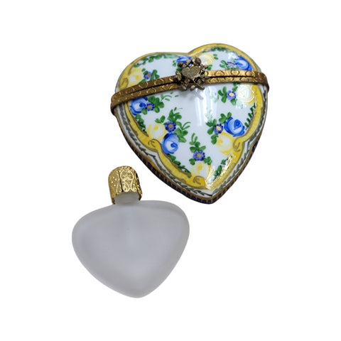 Yellow Blue Heart Perfume Bottle Porcelain Limoges Trinket Box