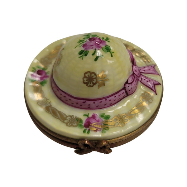 Yellow Bonnet Hat w Rabbit inside Porcelain Limoges Trinket Box