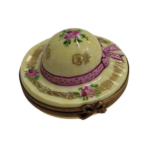 Yellow Bonnet Hat w Rabbit inside Porcelain Limoges Trinket Box