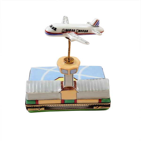 Airport w Flying Plane Limoges Box Porcelain Figurine