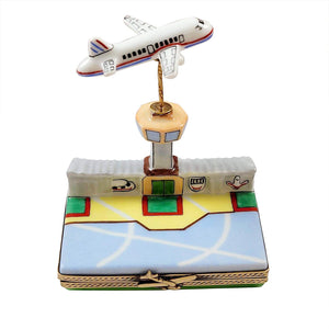 Airport w Flying Plane Limoges Box Porcelain Figurine