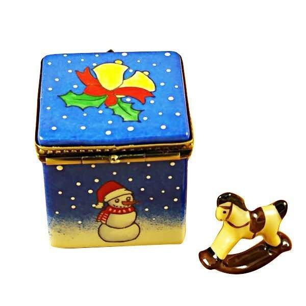 Blue Christmas Cube with Rocking Toy limoges box
