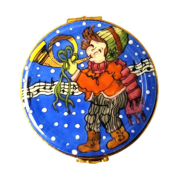 Boy Playing Horn on Winter Drum