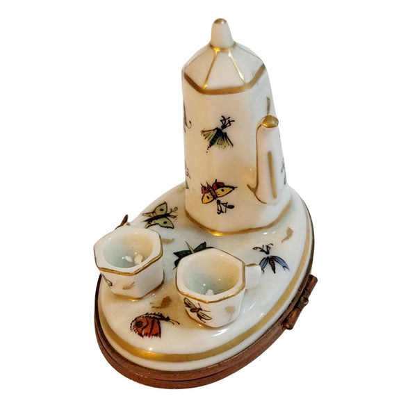 Butterflies White Tea Pot Set w Cups Butterfly Limoges Box