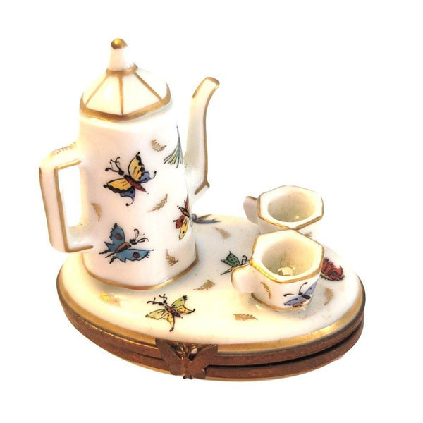 Butterflies White Tea Pot Set w Cups Butterfly Limoges Box